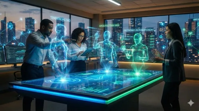 Equipo de agencia de marketing digital colaborando con avatares de IA agéntica y proyecciones holográficas sobre tendencias SEO y arquitectura web en una oficina futurista en 2026.
